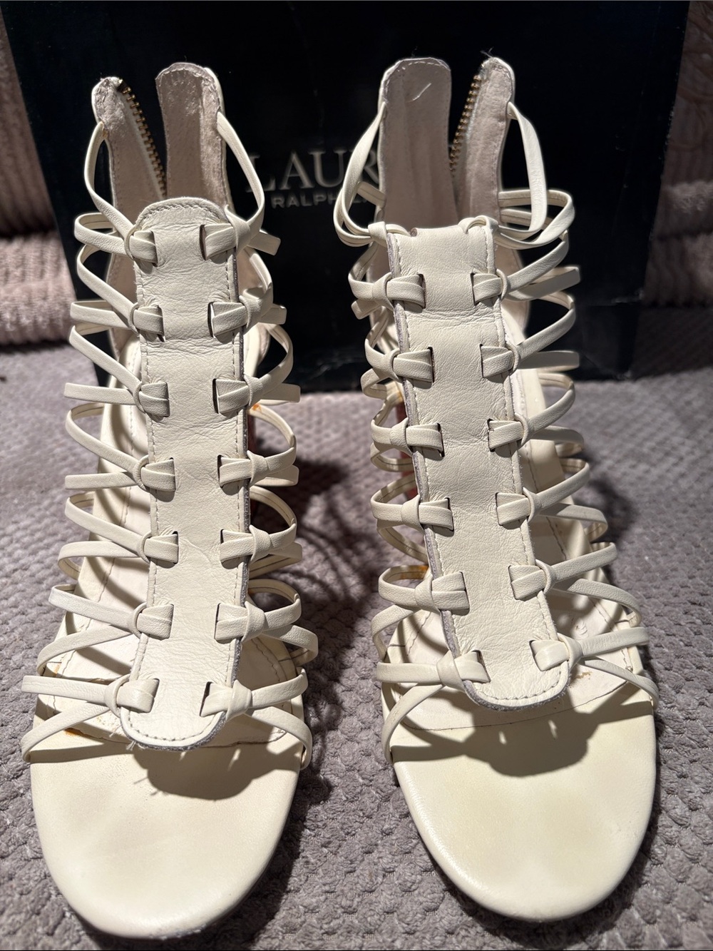 Ralph Lauren Cream Strappy Caged High-Heel Sandals